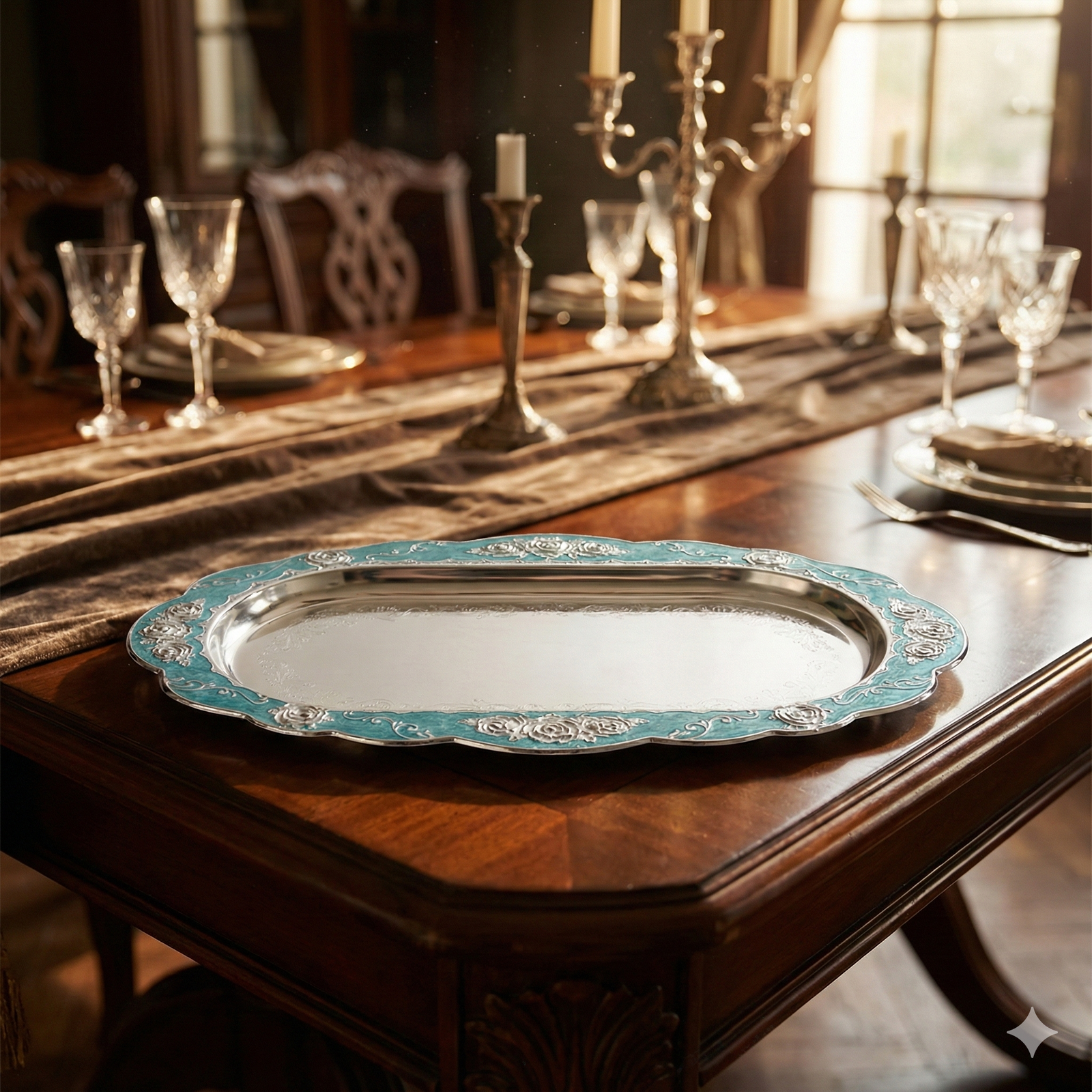 Peacock Oval Tray - Sky Blue